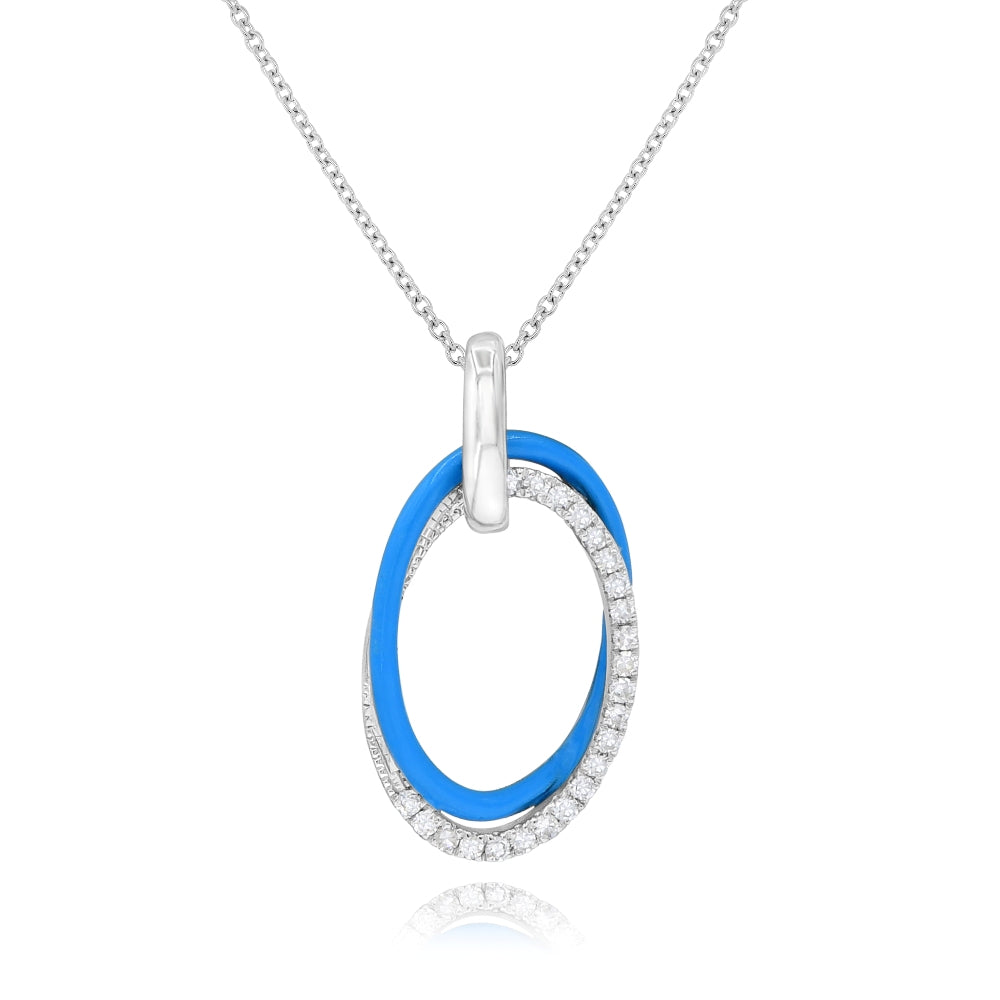 0.13 ct. Diamond 14K White Gold Blue Enamel Double Interlocking Oval Pendant