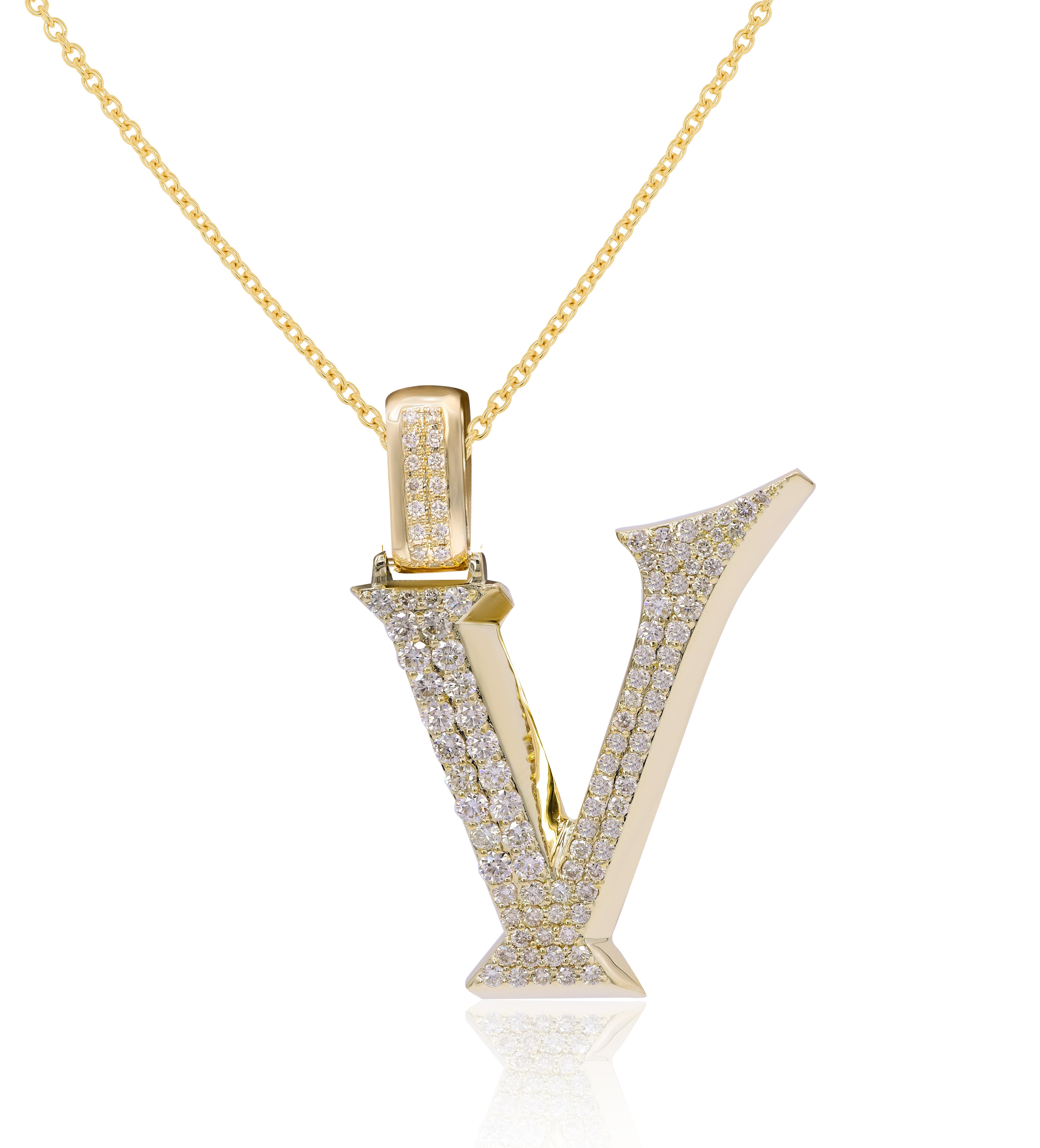 1.54 ct. Diamond 14K Yellow Gold 'V' 3D Initial Pendant