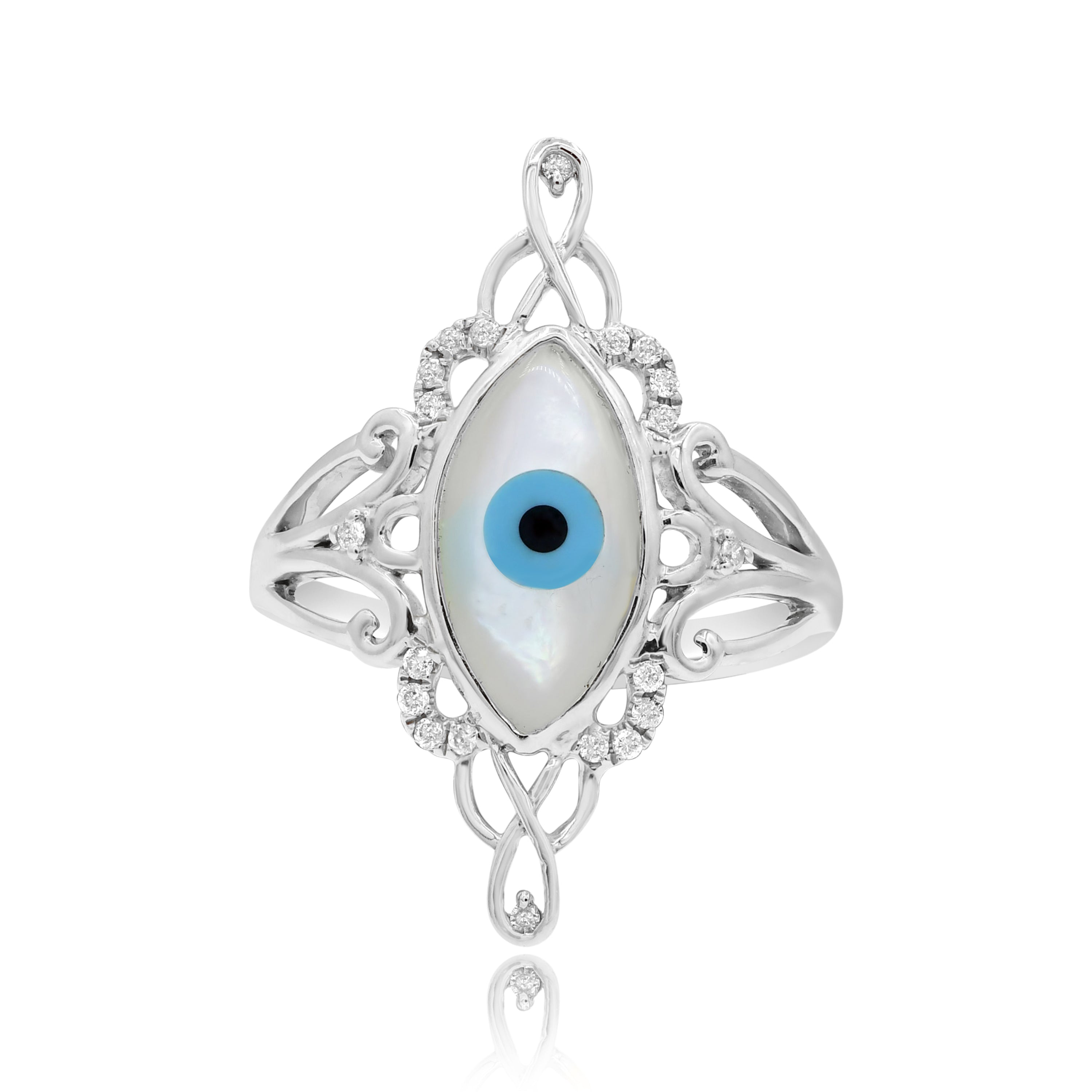 1.81 ct. Mother of Pearl & 0.13 ct. Diamond 14K White Gold Hamsa Evil Eye Ring