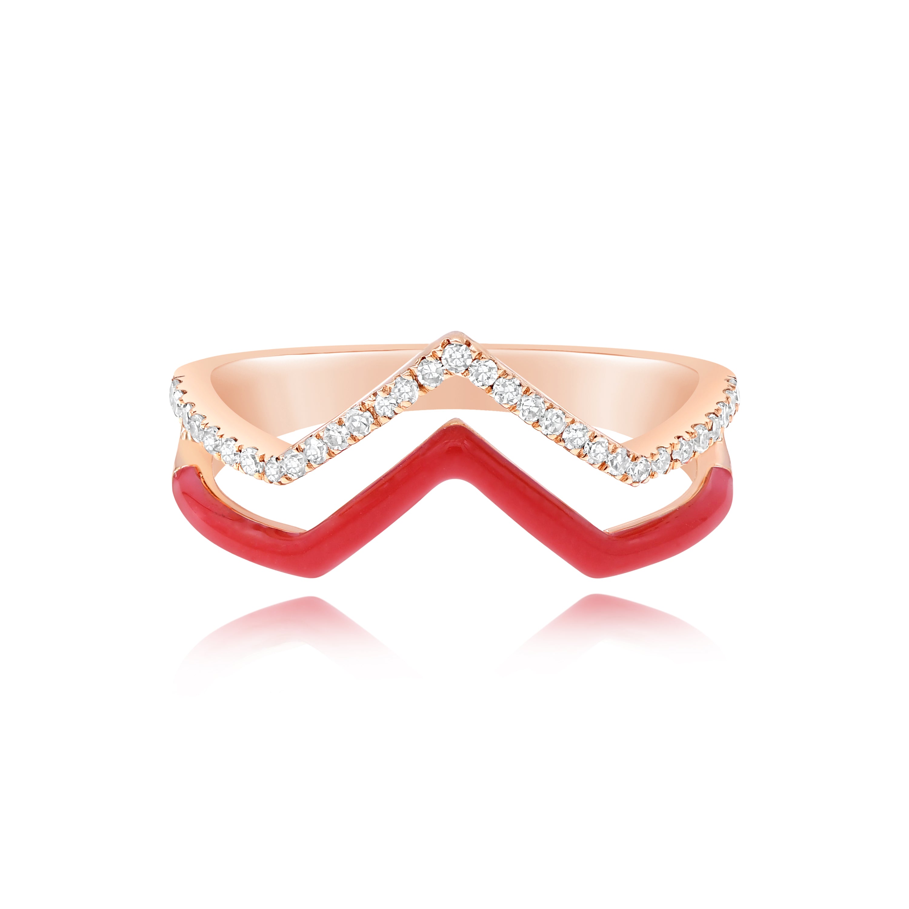 0.16 ct. Diamond 14K Rose Gold Red Enamel Double Chevron Band