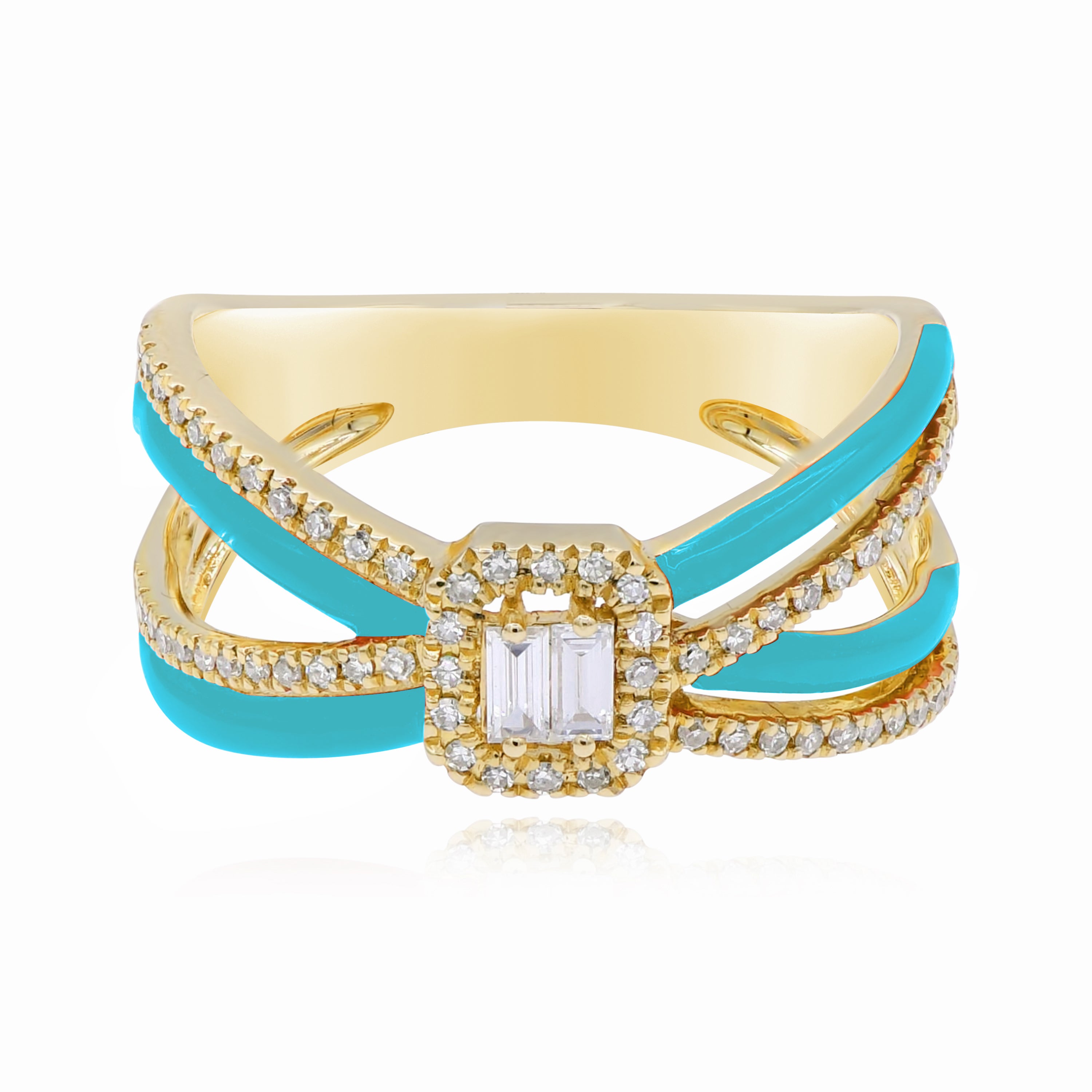 0.25 ct. Diamond 14K Yellow Gold Turquoise Enamel Crisscross Open Shank Ring