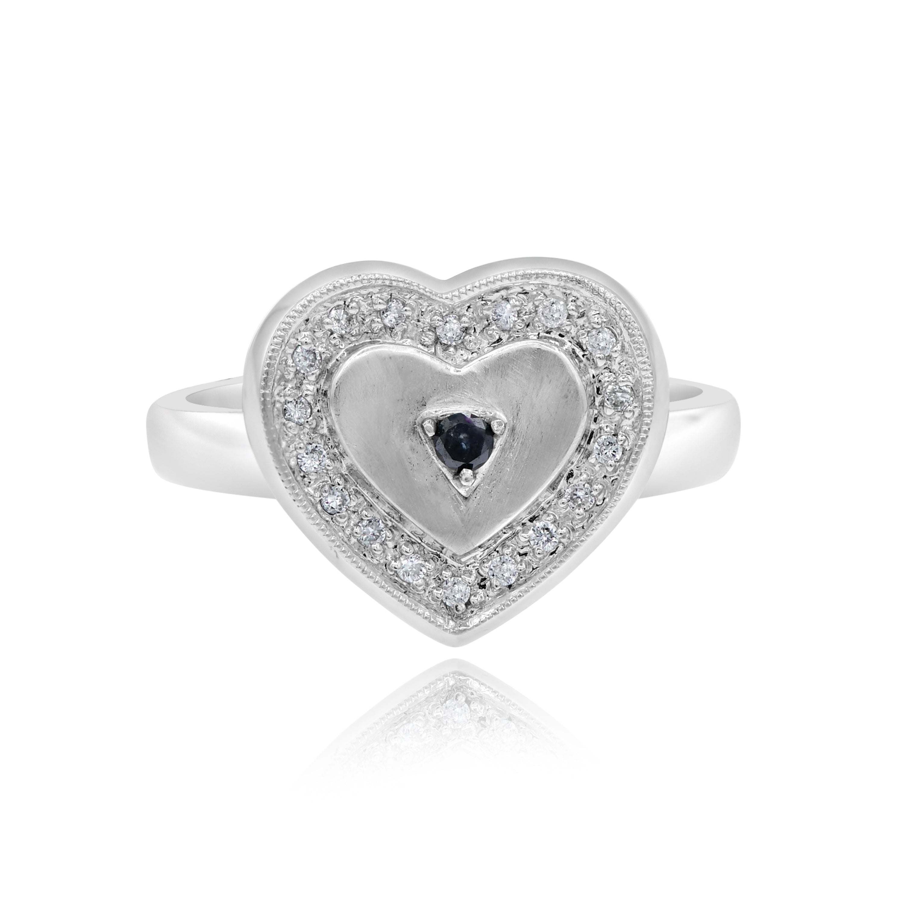 0.15 ct. Black & White Diamond 14K White Gold Milgrain Heart Ring